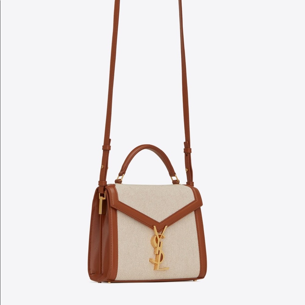 YSL Cassandra Mini Top Handle bag in Canvas and Smooth Leather.  pristine
